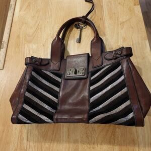 Fossil Brown leather Metallic chevron stripe leather key charm twist close